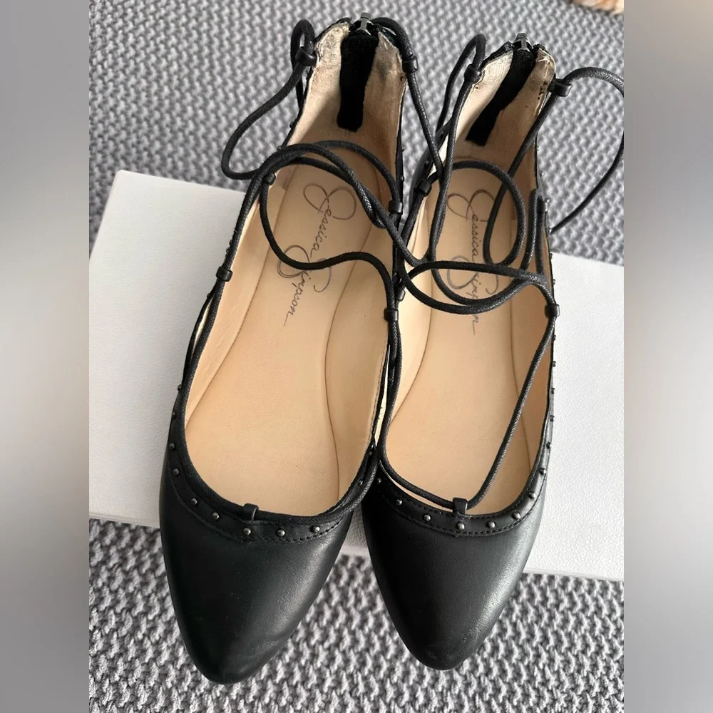 Jessica Simpson Black Pointed-Toe Lace-Up Stud Flats - Picture 5 of 11